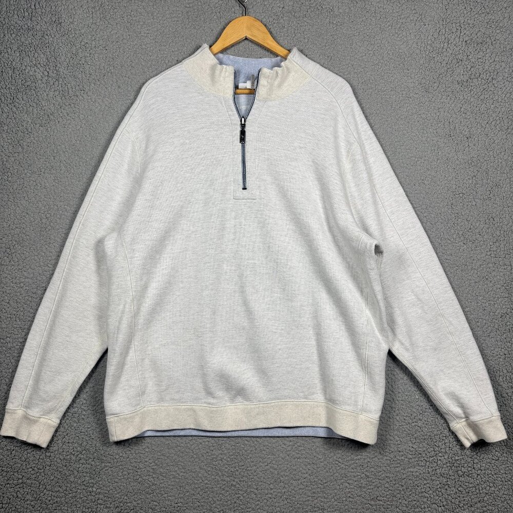 Tommy Bahama Sweater Mens XL Bone Sky Blue 1/4 Zip Pullover REVERSIBLE Cotton
